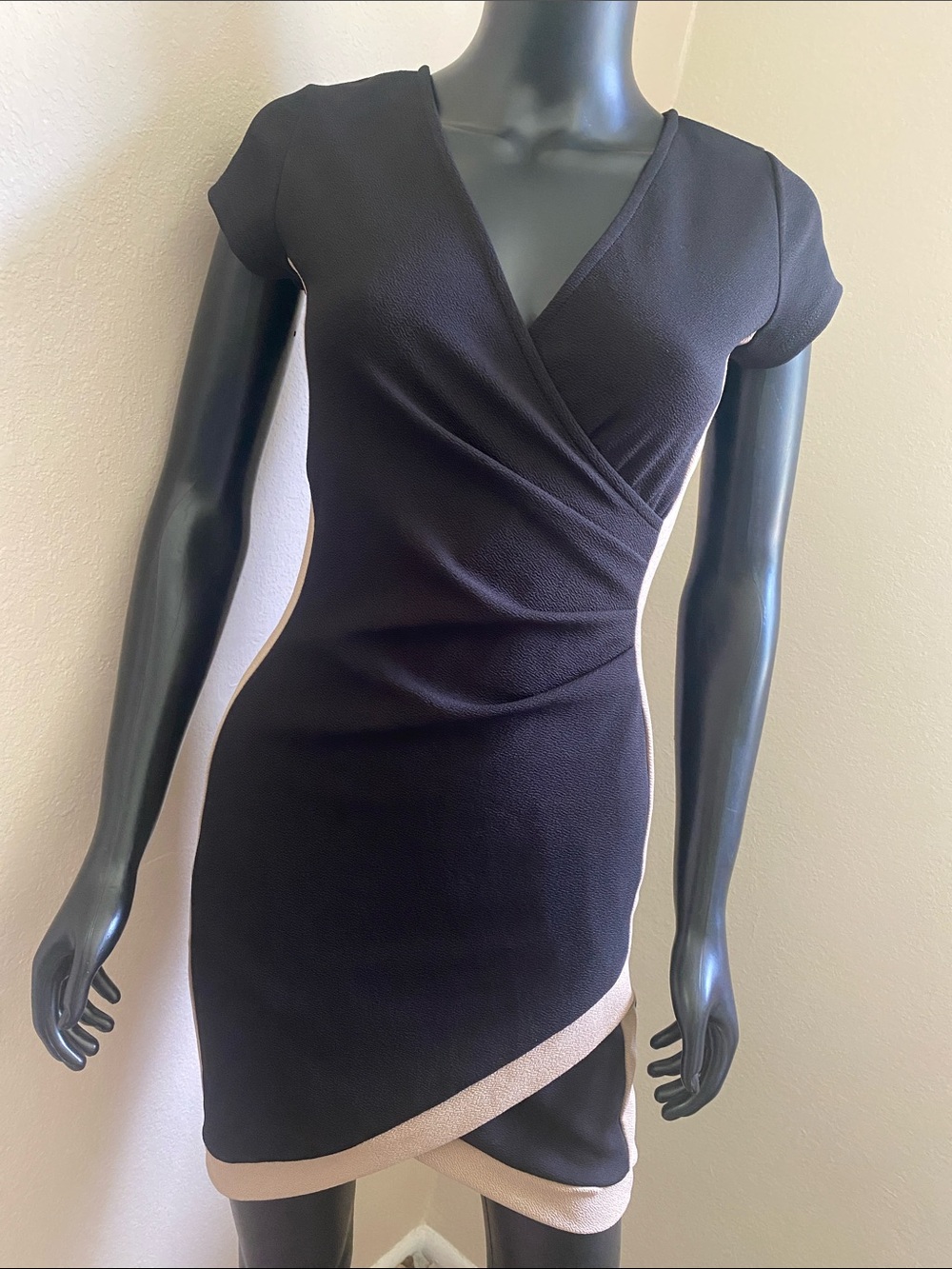 Almost Famous Black Wrap Mini Dress with Beige Contrast Panels | Cocktail Dress